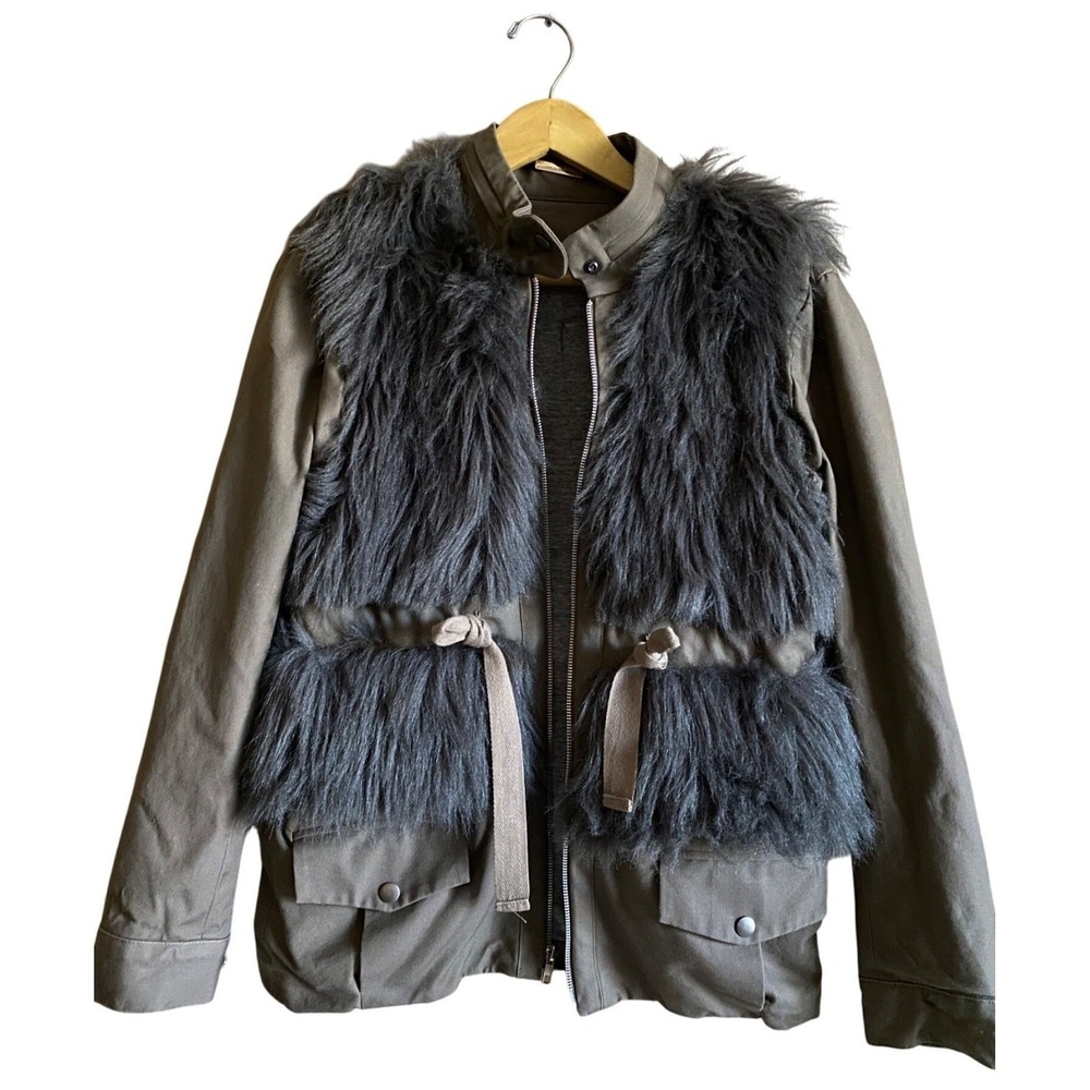 Loeffler‎ Randall Fur Military Utility Jacket Taupe Gray Faux Fur Size 8 - Picture 2 of 13